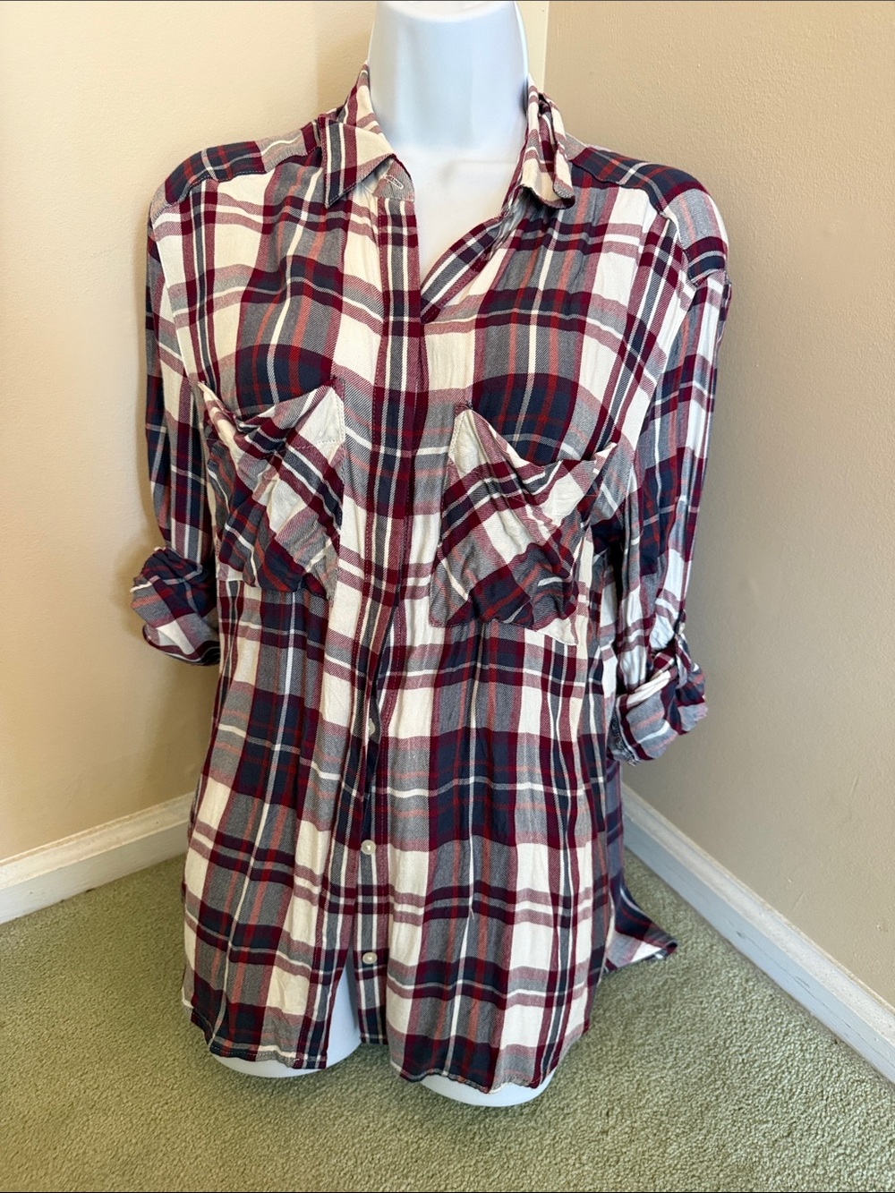 Express Women’s Red, White and Navy Blue Plaid Button-Down Shirt